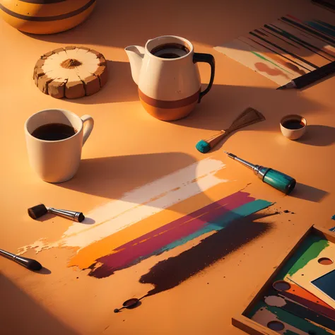 many empty coffee mugs on colorful desert sandy, floor, surrounded by artistic tools, varied paint colors, brushes, canvas