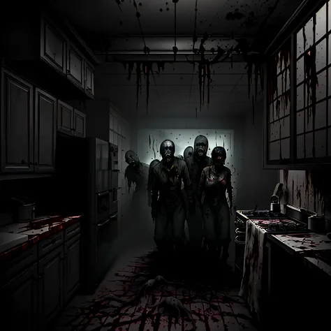 ghosts, spirits, zombies, decomposition, in a kitchen, blood on the wall, scary, fear, disturbing, ghosts in the middle, zombies, ghosts walking around the kitchen, extremely detailed, realistic