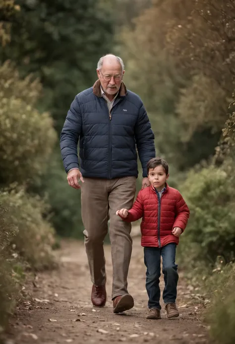 Illustrate a heartfelt moment of a father and his young son walking together, their gaze fixed on the camera, conveying their bond and determination amidst challenging circumstances Soft, diffused winter lighting that imparts a sense of resilience and endu...