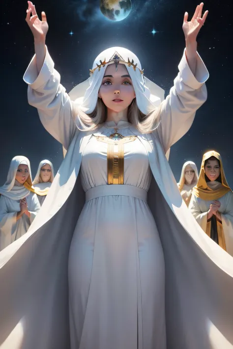 /imagine,Jesucristo representado por una mujer de sembalnte blanco y puro,que vive en un planeta de color blanco,junto a muchos planetas de color oro,donde existe un cielo azul,con imagen REALISTA CON ESTILO DE NFT