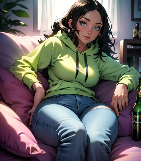 ((((A young woman))), the anime, ( Green eyes), (black hair), Nice face, ssmile, the perfect body, Wavy Hair, hairlong, (((morena))), big breastes, ((tmasterpiece, beste-Qualit)), illustartion, ультра детализированная 8k, Photorealistic, sharp-focus, higly...