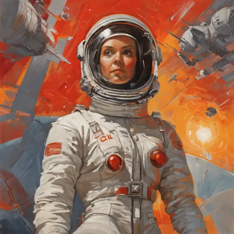 1girl, flat_breasts, cute, beautiful detailed eyes, shiny hair, visible through hair, hair between eyes, CCCPposter, sovietposter, red monochrome, Soviet poster, communism, Black_hair, red_eyes, vampire, teenage, Poorbreast, Spacesuit: Orange_clothing_body...