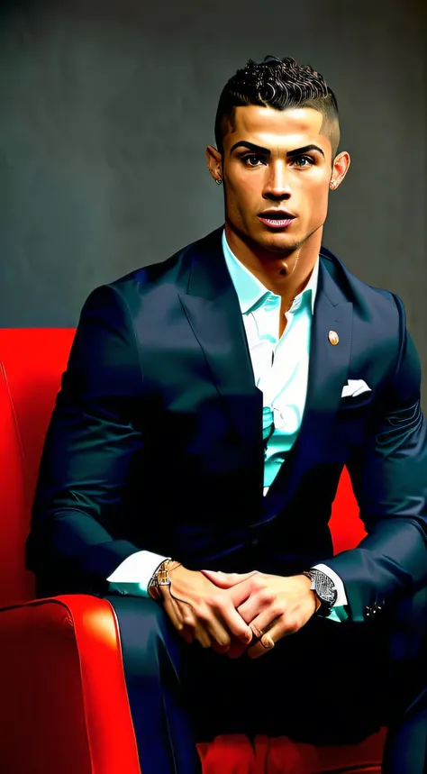 A realistic photograph of Cristiano Ronaldo in a studio setting. Cristiano Ronaldo is sitting in a dark brown leather armchair, wearing a flawless black suit. The focus is on Ronaldos face, capturing every detail of his expression, his unique features and ...