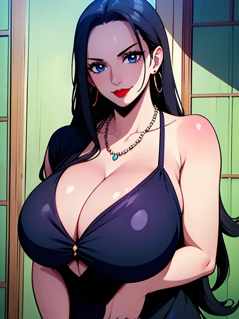 Girl, smile, red lips, long hair, black hair colors, big nose, big tits, sexy pose, sexy body, fair skin, wear earrings in the ears, wearing a necklace, black lingeria clothes, beautiful girl, blue eyeball, realistic