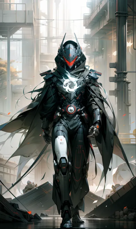 Tall mech，Black body，male people，red mask，Black General helmet，Use the plasma sword，There is a dragon particle effect，Yin and Yang gossip，Formation，mechanical sense，sense of strength，Sense of space，combats，cyber punk perssonage，Human body modification，Stru...