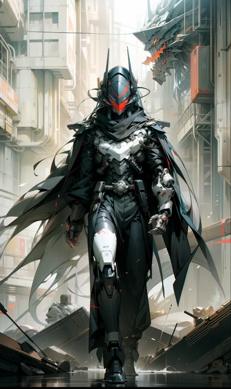 Tall mech，Black body，male people，red mask，Black General helmet，Use the plasma sword，There is a dragon particle effect，Yin and Yang gossip，Formation，mechanical sense，sense of strength，Sense of space，combats，cyber punk perssonage，Human body modification，Stru...