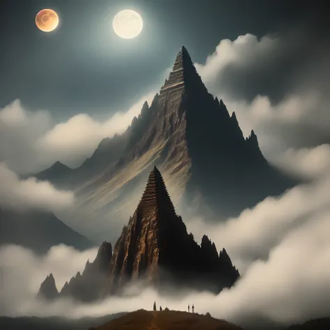 Mountain arjuna east java indonesia, in romanticism old oil painting, dark creepy fantasy dramatic lighting. Occult style. There is moon eclipse in the sky. Make it like old photo