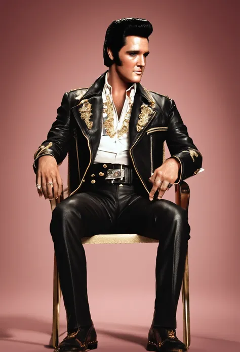 Elvis Presley sentado em um trono de ouro olhando para frente com rosto baixo, Elvis bad boy, jaqueta de couro preta, detalhes de roupas, textura 8k, 8k, detalhes insanos, detalhes complexos, hiperdetalhados altamente detalhados, realistas, soft Cinematic ...