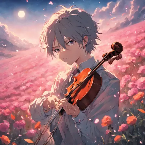 pierre lunaire con un violin en un campo de rosas, realistico, luz cinematografica