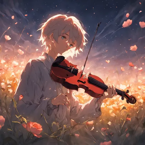 pierre lunaire con un violin en un campo de rosas, realistico, luz cinematografica