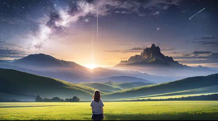 (8K,RAW photos,highest quality, masterpiece,HDR,bloom:1.2),girl,desktop wallpaper,outdoor,cinematic lighting,beautiful night,Stars in the sky,clouds,mountain,Green meadow,morning