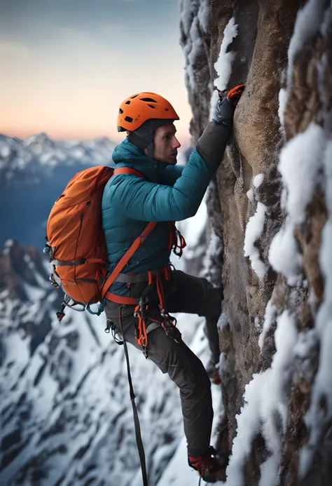 (((extreme realistic skin detail)))  (masterpiece, highest quality), (realistic, photo_realistic:1.9), ((Photoshoot))  a young climber scaling a vertical mountain wall at dawn. In the background, majestic snow-covered mountains are visible. The framing of ...