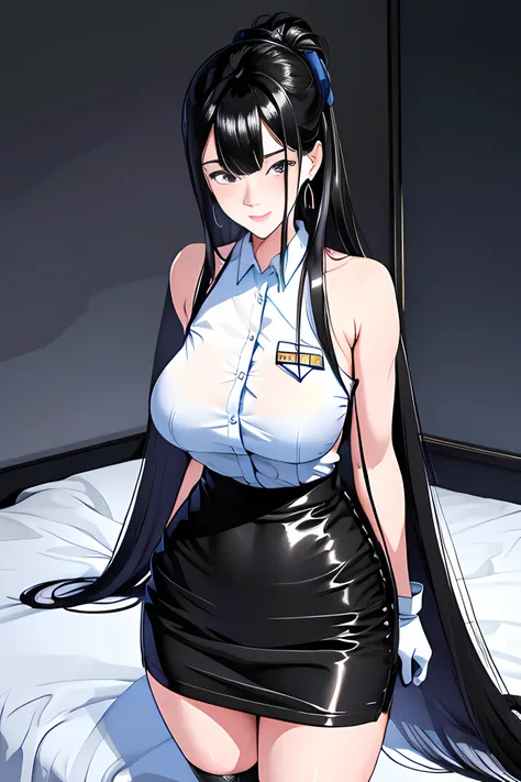 high resolution 1 girl arm_under_chest of drawers black_gloves black_hair black_pantyhose black_skirt blue_tie chest_hug breasts...