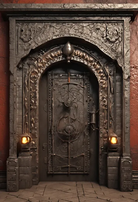 Classic old Indian old door with huge steel lock, design floral e de cobra gravado., chained with steel chains, octan render, cinema 4d render, hyper detail door sealed with huge steel chains and, Closed door with lamps on the wall, Sparks of fire on the g...