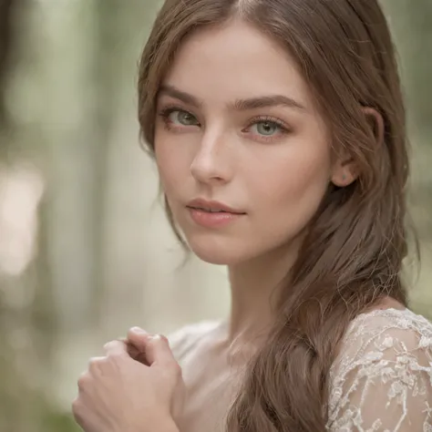 Capture a close-up portrait of a girl with a 85mm f/1.8 lens, ISO 200, at 1/1000 seconds. Focus on her vibrant green eyes, ensuring they sparkle. Apply a soft shadow and no contrast for a dreamy effect. queen