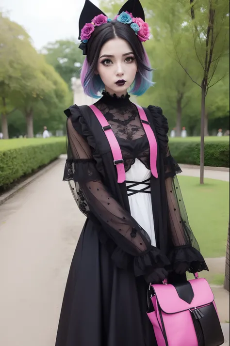 En un hermoso parque una mujer de aspecto moderno. It has a very colorful and striking kawaii gothic style.., con un maquillaje elegante y una peluca colorida.