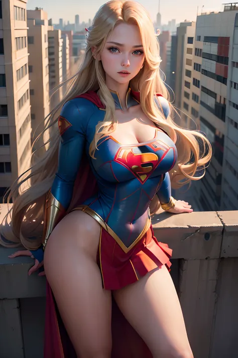 ((best quality, masterpiece, absurdress) , supergirl , 19 years old,long blonde hair, voluminous hair, loose hair, blue expressive eyes,huge breasts, supergirl wearing korean school uniform, terrace of a building, view of other buildings ,day