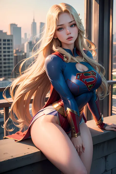 ((best quality, masterpiece, absurdress) , supergirl , 19 years old,long blonde hair, voluminous hair, loose hair, blue expressive eyes,huge breasts, supergirl wearing korean school uniform, terrace of a building, view of other buildings ,day