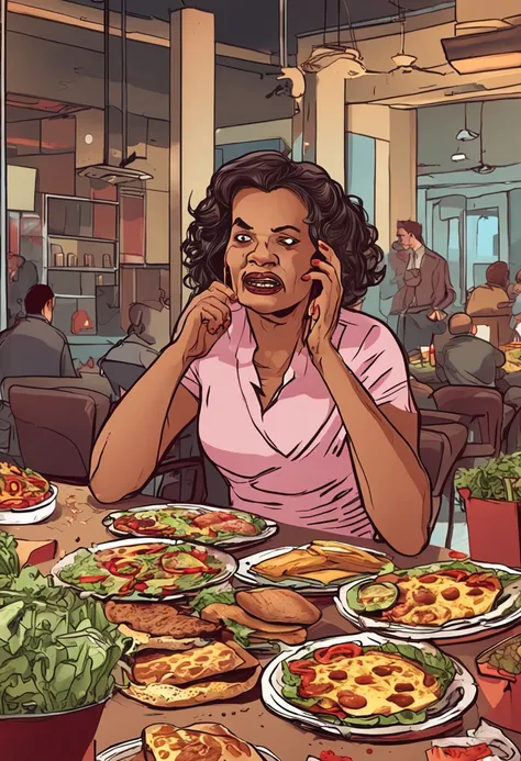 "Crie uma imagem que capture a realidade: uma mulher de 40 anos, sad expression, while trying to pick a salad amid a tempting selection of burgers and pizza."