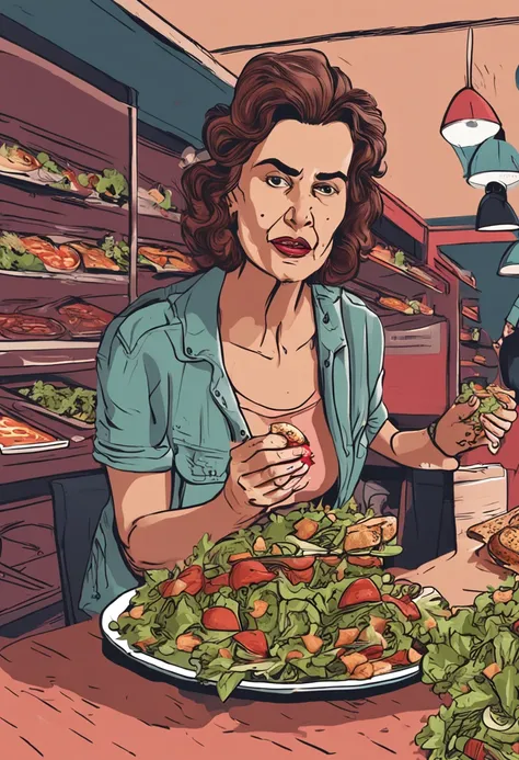 "Crie uma imagem que capture a realidade: uma mulher de 40 anos, sad expression, while trying to pick a salad amid a tempting selection of burgers and pizza."