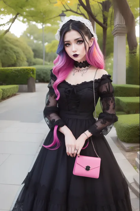 En un hermoso parque una mujer de aspecto moderno. It has a very colorful and striking kawaii gothic style.., con un maquillaje elegante y una peluca colorida.