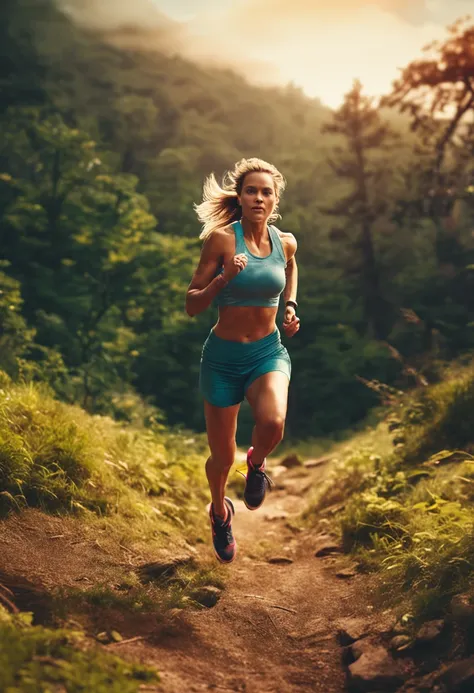 beautiful girl running through the woods sport fitness low angle good quality morning dawn