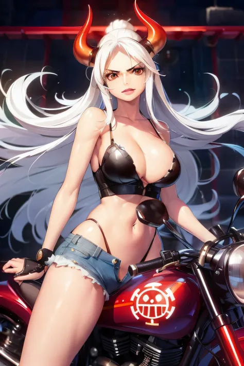 a close up of a person on a motorcycle with a devils head, seductive anime girl, extremely detailed artgerm, perfect white haired girl, anime style 4 k, badass anime 8 k, ig model | artgerm, artgerm. anime illustration, tifa lockhart with white hair, artge...