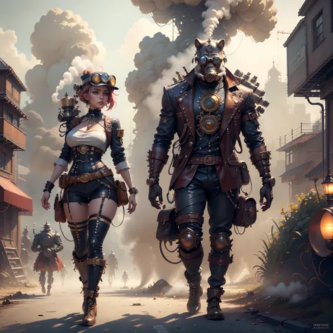 Theres a sexzy indian 1woman with a street punk, standing with Steam punk Helicopter,dusky skin, with muscled body,less dress,Royal look,helmet, arte conceitual steampunk, sexzy full body view top to bottom, standing in backview turning camera, random came...