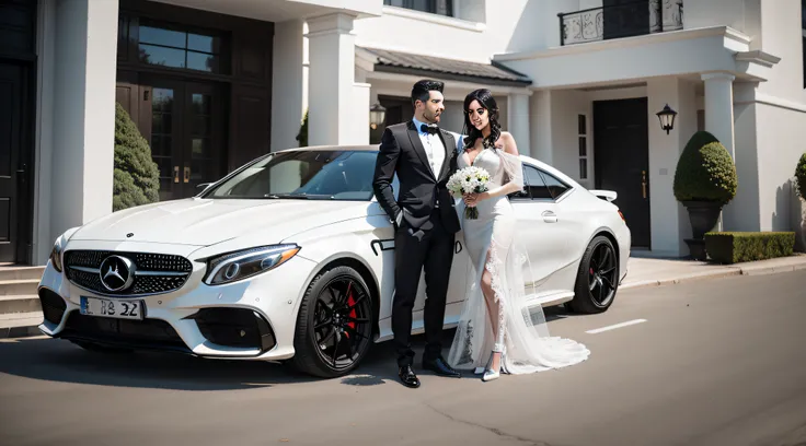 success beautiful couple embracing with their luxury house and white color benz car, hair color is black