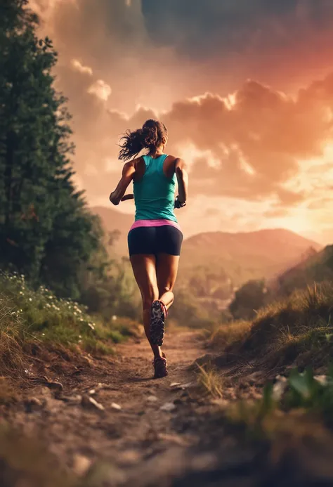 beautiful girl smile running through the woods sport fitness low angle good quality morning sun dawn drawing