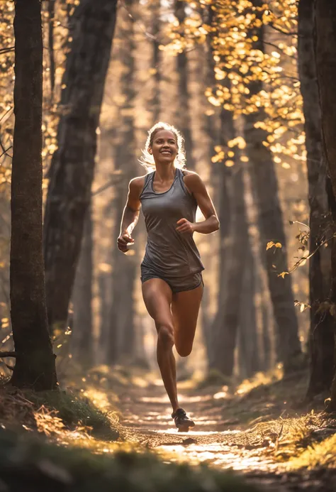 beautiful girl smile running through the woods sport fitness low angle good quality morning sun dawn drawing minimalism epic frame film frame