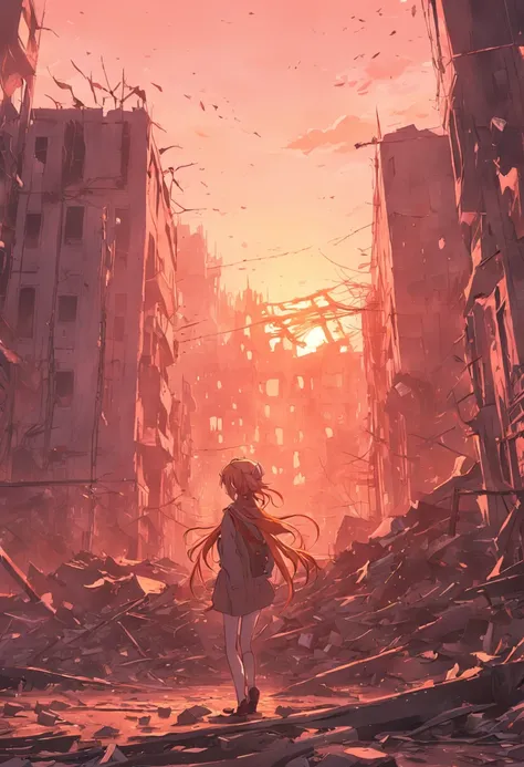 A city in ruins, Partially demolished buildings, with reddish sky and golden sunlight behind