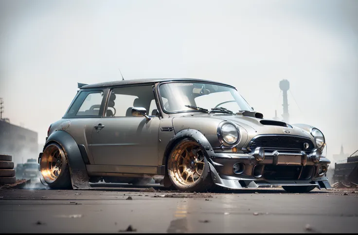 Generate an ultra-high definition 8k image, plus capturing a view of dark grey Mini Cooper S.  wide body kit. aero bodykit. epic stance, gold mag wheels. aggressive stance ((background: inside old industrial style building, large windows in background. bac...