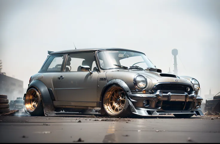 Generate an ultra-high definition 8k image, plus capturing a view of dark grey Mini Cooper S.  wide body kit. aero bodykit. epic stance, gold mag wheels. aggressive stance ((background: inside old industrial style building, large windows in background. bac...