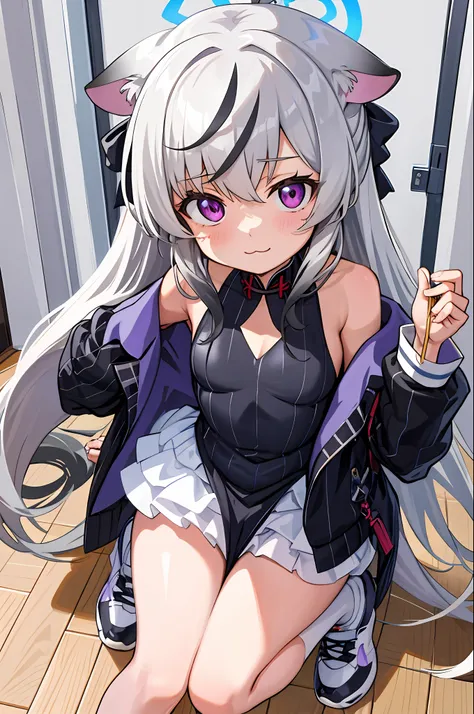 tmasterpiece， best qualtiy， ultra - detailed， 1girll，Gray hair Kokona， inside in room， Purple eye， ：3，the face， closeup cleavage