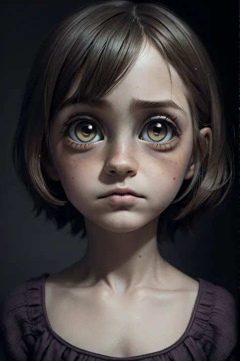 ((retrato: 1girl))expresion enfado, estilo pixar, Somber, Negativo, torcido, weird, (ojos superdetallados grandes, Childrens doll eyes), (((desnuda))),emma watson, Pero Tim Burton