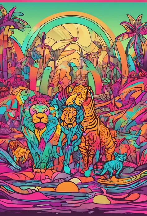 Colagem vibrante e colorida, com neon e animais chocantes.