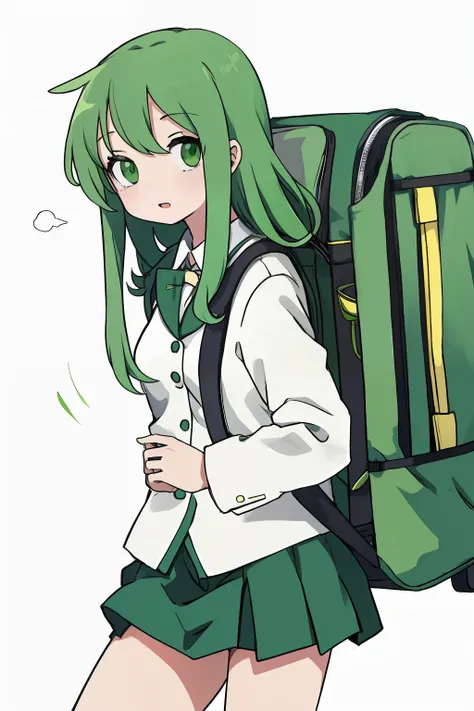 anime girl, long green hair, uniform school, backpack, white background