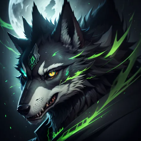 there is a drawing of a wolf with glowing eyes and a green glow, fenrir, fantasy wolf portrait, black wolf, blue wolf, wolf, great wolf, grim - wolf, alpha wolf head, anthropomorphic wolf, furry wolf, an anthropomorphic wolf, anthro wolf face, snarling, an...