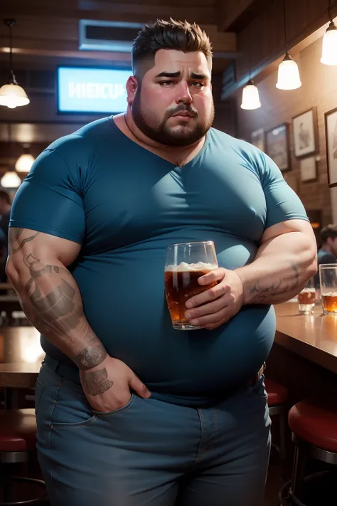 Make a man with obesity
He must be wearing blue clothing
He must be inside a bar
He must be drinking whiskey
Ultra realistic photo, qualidade 8k, fullhd