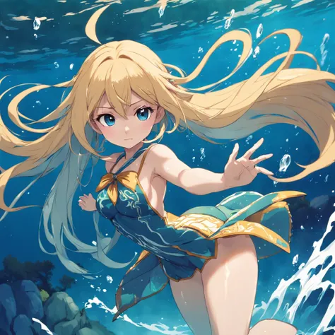 Menina sereia anime, sereia, menina brava, blonde girl, sereia, Water powers, with flowing blond hair, sombreamento estilo anime plano, mulher anime, personagem estilo anime, estilo anime plano, pose poderosa, cabelo loira, roupas de sereia, pose poderosa,...