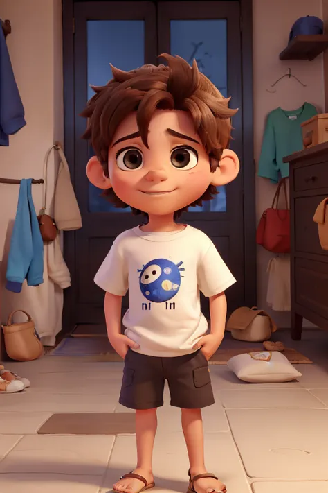 menino de 6 anos pardo, olhos castanhos escuros, without glasses, cabelos curtos, com camiseta branca e short curto marrom, with finger sandals, bashful, sonhador e pobre, sentado em frente a uma casa simples e pobre ao entardecer