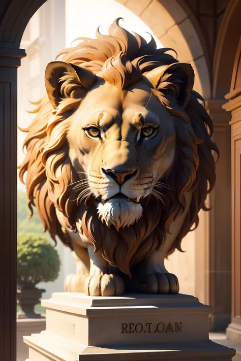 Please create a description for creating a lion statue, focusing mainly on the animals bust. Make sure the lion is facing on its side, capturing every detail of its majestic mane and powerful expression.