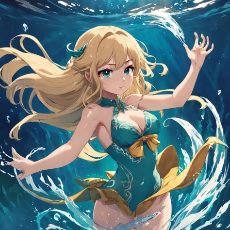 Menina sereia anime, sereia, menina brava, blonde girl, sereia, Water powers, with flowing blond hair, sombreamento estilo anime plano, mulher anime, personagem estilo anime, estilo anime plano, pose poderosa, cabelo loira, roupas de sereia, pose poderosa,...