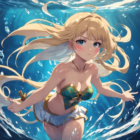 Menina sereia anime, sereia, menina brava, blonde girl, sereia, Water powers, with flowing blond hair, sombreamento estilo anime plano, mulher anime, personagem estilo anime, estilo anime plano, pose poderosa, cabelo loira, roupas de sereia, pose poderosa,...