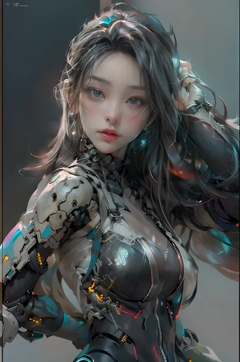 ((Best quality)), ((masterpiece)), (detailed:1.4), 3D, an image of a beautiful cyberpunk female, wearing tech armor, (long shapeless hair), big breasts, highly detailed, HDR (High Dynamic Range),Ray Tracing,NVIDIA RTX,Super-Resolution,Unreal 5,Subsurface s...