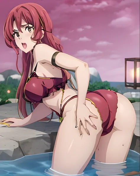 Anime girl in a red bikini in a water pool, menina anime sedutora, Oppai, menina bonita do anime agachamento, the anime girl is crouching, Estilo Anime Ecchi, lindo anime sedutor adolescente, Ecchi, Shirobako, tou, Matambém Kitagawa Fanart, Tempo de Ouro, ...