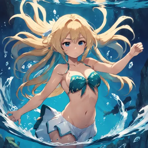 Menina sereia anime, sereia, menina brava, blonde girl, sereia, Water powers, with flowing blond hair, sombreamento estilo anime plano, mulher anime, personagem estilo anime, estilo anime plano, pose poderosa, cabelo loira, roupas de sereia, pose poderosa,...