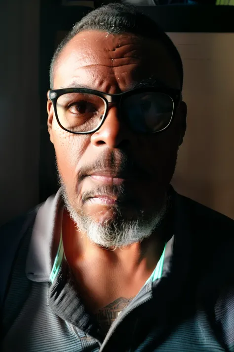 guttonerdvision12, Portrait of a man with glasses, fundo preto, (pele altamente detalhada:1.2), 8k UHD, DSLR, soft lighting, alta qualidade, filmic grain, Fujifilm XT3