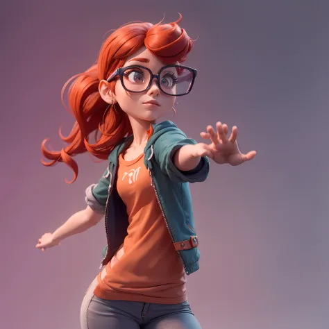 A closeup of a cartoon character with glasses and red hair, Vestido casualmente, Como um personagem da Pixar, Pose casual, Personagem 3D, Personagem 3D, Representado como um personagem da Pixar, fazendo uma pose atrevida, she is dancing. Realistic, Pose de...